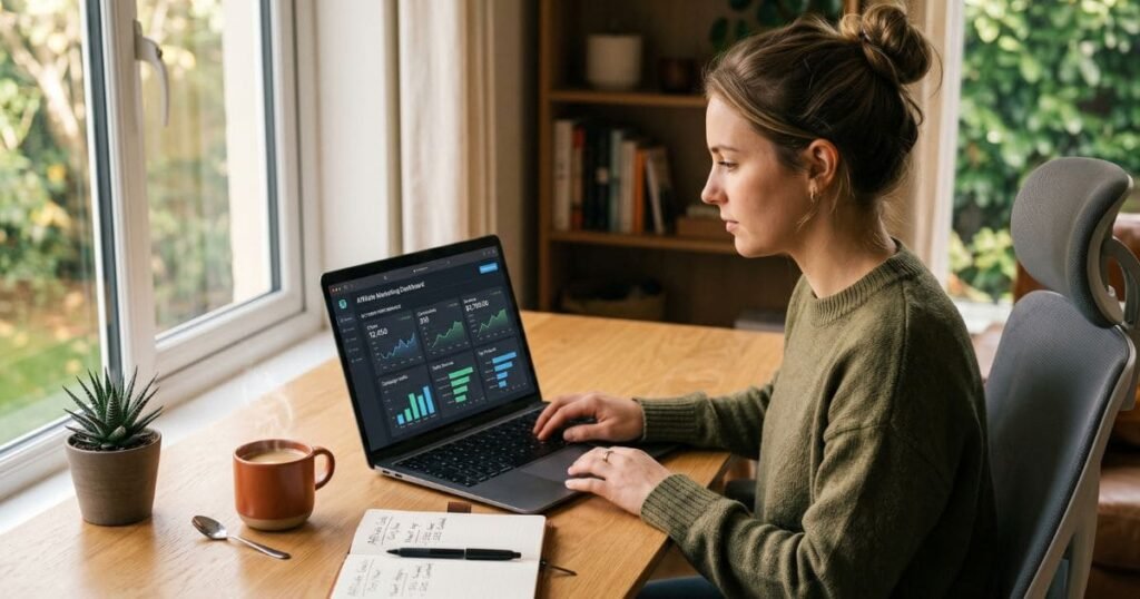 Frau analysiert Affiliate Marketing Dashboard am Laptop im Homeoffice