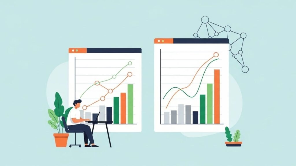 Minimalistische Illustration für einen Blog über Affiliate-Programme und Vergleichsportale mit Laptop, Diagrammen und Netzwerkverbindungen