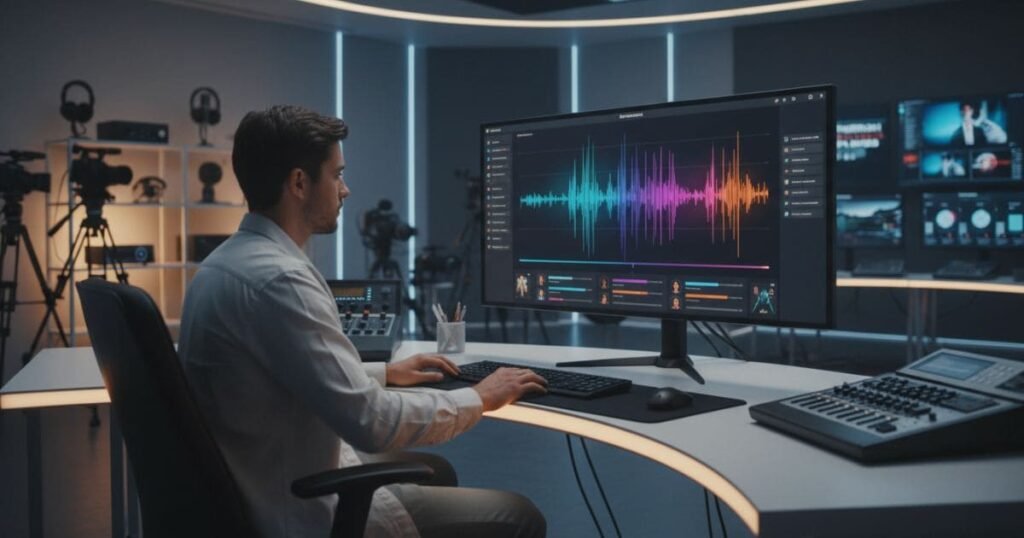 Computerbildschirm mit Text-to-Speech Interface und Wellenform-Editor