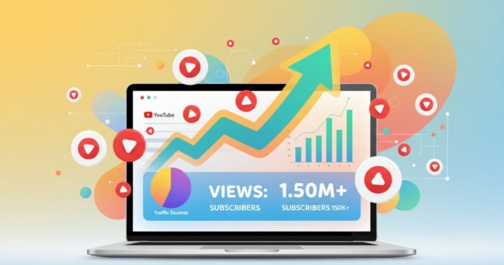 Blog-Cover zeigt stilisierten YouTube-Kanal mit wachsendem Diagramm, steigenden Views und Abonnenten, Play-Button-Icons, Analytics-Diagrammen und Laptop/Monitor. Fokus auf Wachstum und Erfolg, keine Texte.