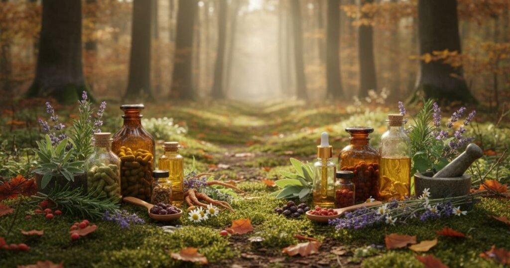 Sonniger Waldweg mit Nahrungsergänzungsmitteln in Glasflaschen, verstreuten Kräutern und harmonischen Farben