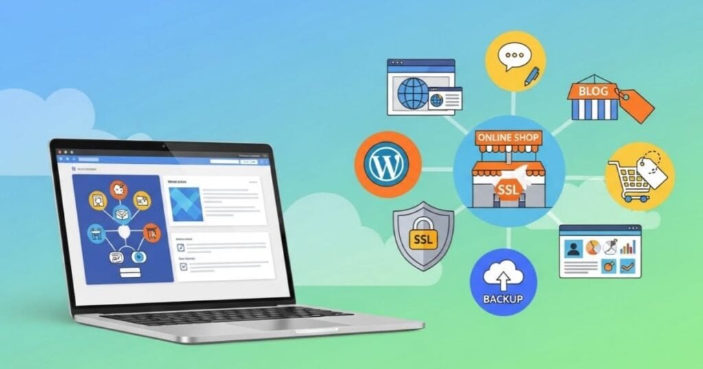 Illustration eines Laptops mit Icons für Webseiten, Blogs, Online-Shops, WordPress-Integration sowie Sicherheitsfunktionen wie SSL-Zertifikate und Backups, zeigt eine moderne, benutzerfreundliche Webhosting-Erfahrung.