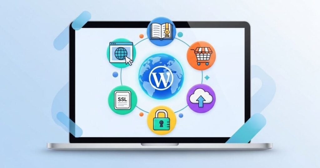 Illustration eines Laptops mit WordPress-Integration, Webseiten- und Onlineshop-Icons sowie SSL- und Backup-Sicherheitsicons – Alfa Hosting Test Blogbild