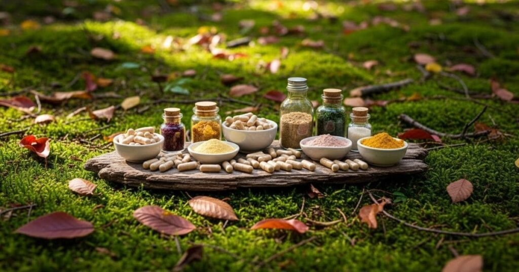 Kapseln, Pulver und Gläser mit Nahrungsergänzung auf Holzuntergrund im Wald, umgeben von Moos und Blättern, natürliche, beruhigende Atmosphäre