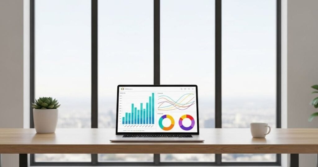 Moderner Arbeitsraum mit minimalistischem Schreibtisch und einem Laptop in der Ferne, der ein farbiges unscharfes SEO-Dashboard zeigt.