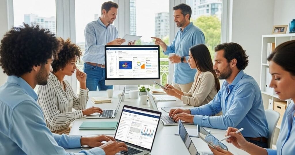 Fotorealistisches modernes Büro mit Coach, Berater und Teilnehmern, alle arbeiten konzentriert an Laptops und Tablets, seriöse Business-Atmosphäre, kein Text oder Symbole