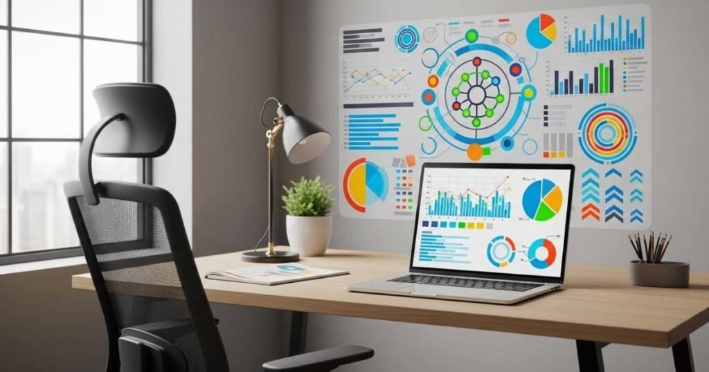 Modernes Büro mit Laptop, Dashboard zeigt Diagramme, Balken, Kreise und Symbole, keine Texte