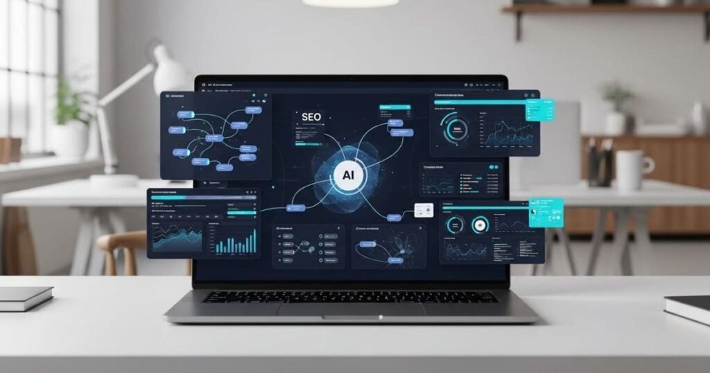 Laptop auf Schreibtisch mit abstrakten SEO-Diagrammen und Content-Analyse, ohne Personen oder Logos
