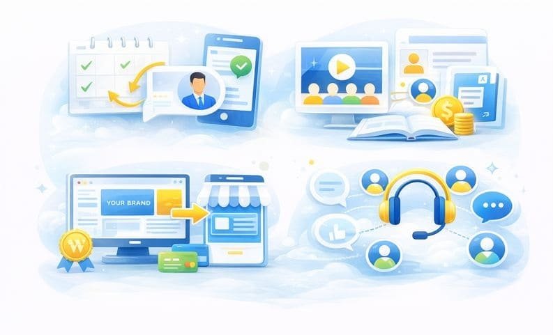 Illustration der HighLevel Funktionen mit automatisierter Buchung, Online-Kursen, White-Label-Plattform und Kunden-Support