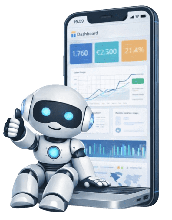 HighLevel Mobile Dashboard mit Roboter als Symbol für Marketing- und Prozessautomatisierung