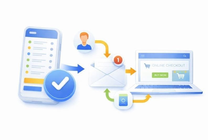 Illustration eines automatisierten Ablaufs, bei dem Kontakte über Follow-up-E-Mails Schritt für Schritt zu einem Kauf geführt werden