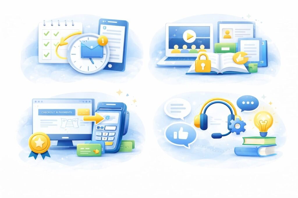 Illustration eines Online-Systems mit Automationen, Follow-up-E-Mails, Kursbereichen, Checkout-Zahlungen sowie Support und Community