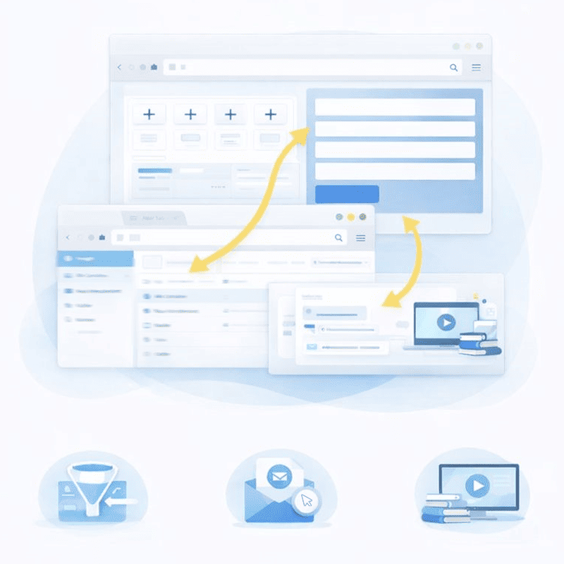 Illustration eines Online Funnels, der Besucher über Landingpages, Formulare und E-Mails automatisch in Kontakte und Kunden umwandelt