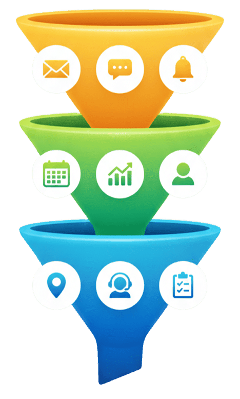 Illustration eines mehrstufigen Marketing-Funnels mit Automationen, Kontaktverwaltung und Verkaufsprozessen