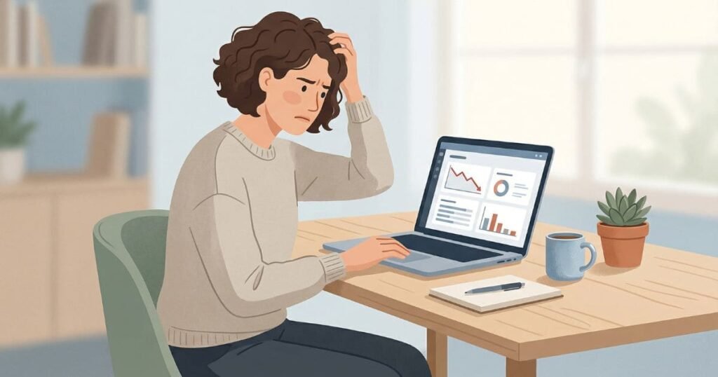 Person sitzt frustriert vor Laptop mit schlechten Statistiken beim Affiliate Marketing