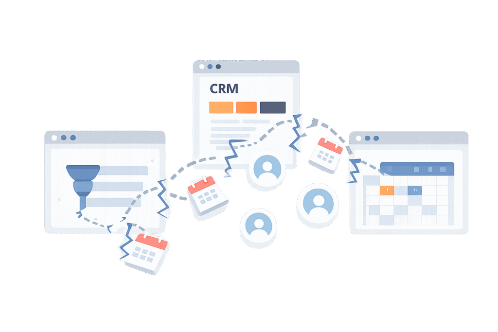 Illustration zeigt getrennte Tools wie Funnel-Builder, CRM und Kalender mit unterbrochenen Verbindungen, wodurch Leads und Termine verloren gehen können.
