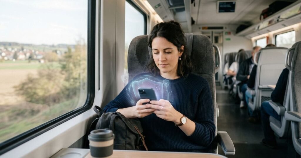 Person nutzt Smartphone im Zug mit VPN für sicheres Surfen unterwegs