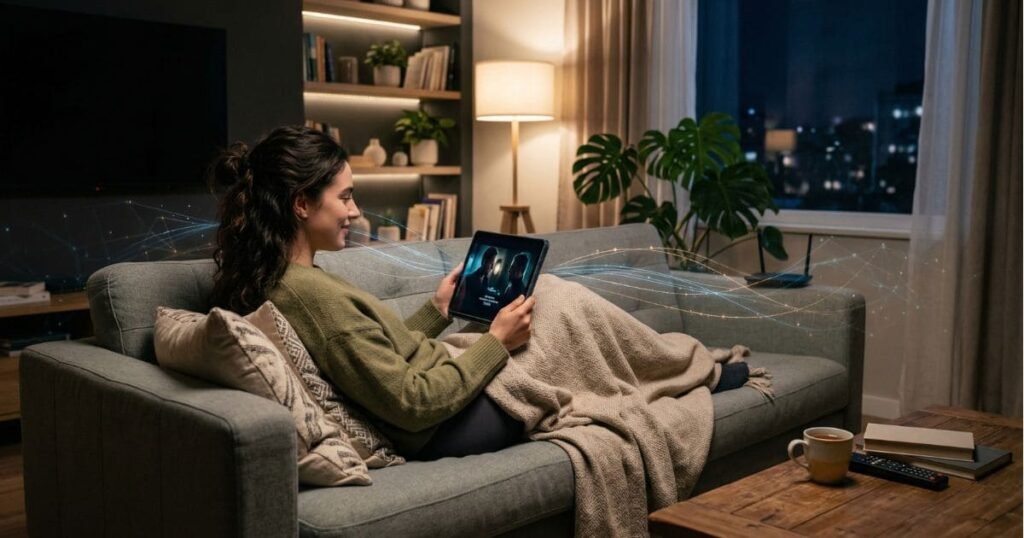 VPN für Streaming sinnvoll? Person streamt Serie entspannt auf Tablet zu Hause