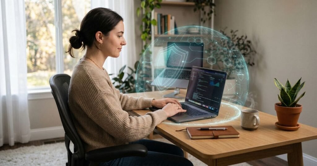 Person arbeitet am Laptop mit zusätzlicher digitaler Schutzebene als Symbol für VPN Nutzung im Alltag