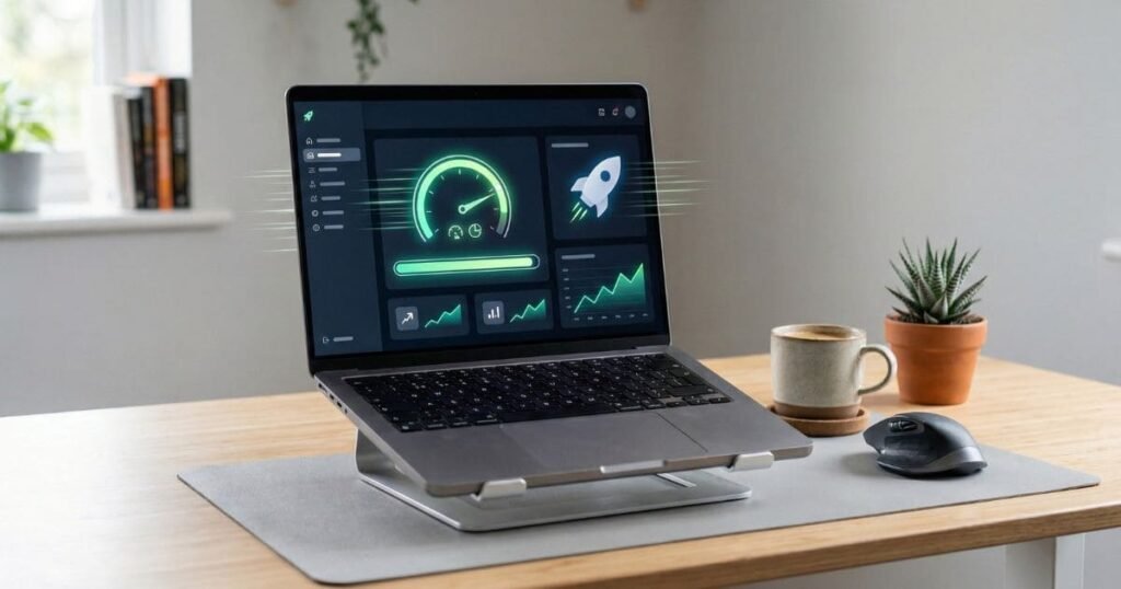 WordPress schneller machen – Laptop mit Website Performance Anzeige und Ladegeschwindigkeit Optimierung