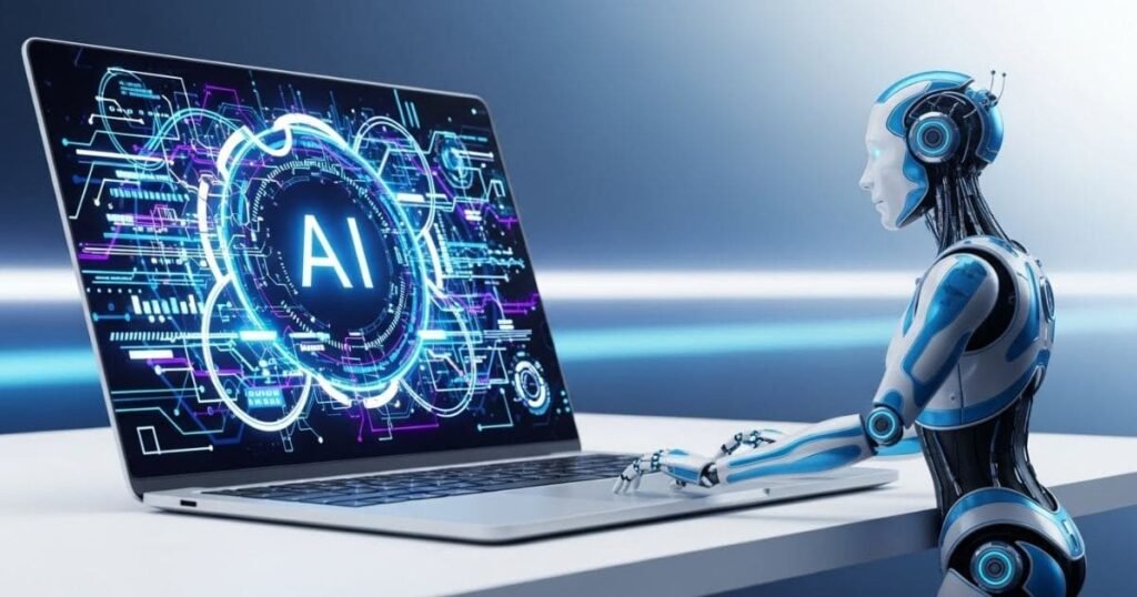 Mini-Roboter tippt auf Laptop, auf dem „AI“ angezeigt wird, symbolisiert KI-gestützte Content-Erstellung