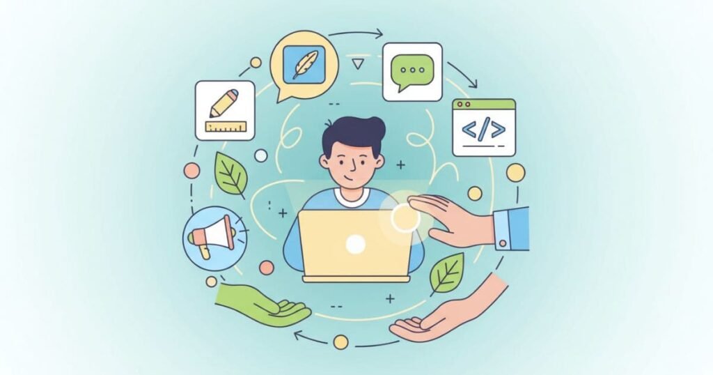 Person am Laptop erhält symbolische Hilfe von verschiedenen digitalen Dienstleistungen